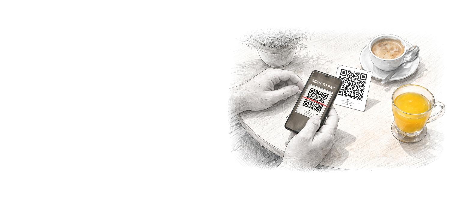 Smart phone scanning a QR code on a cafe table.