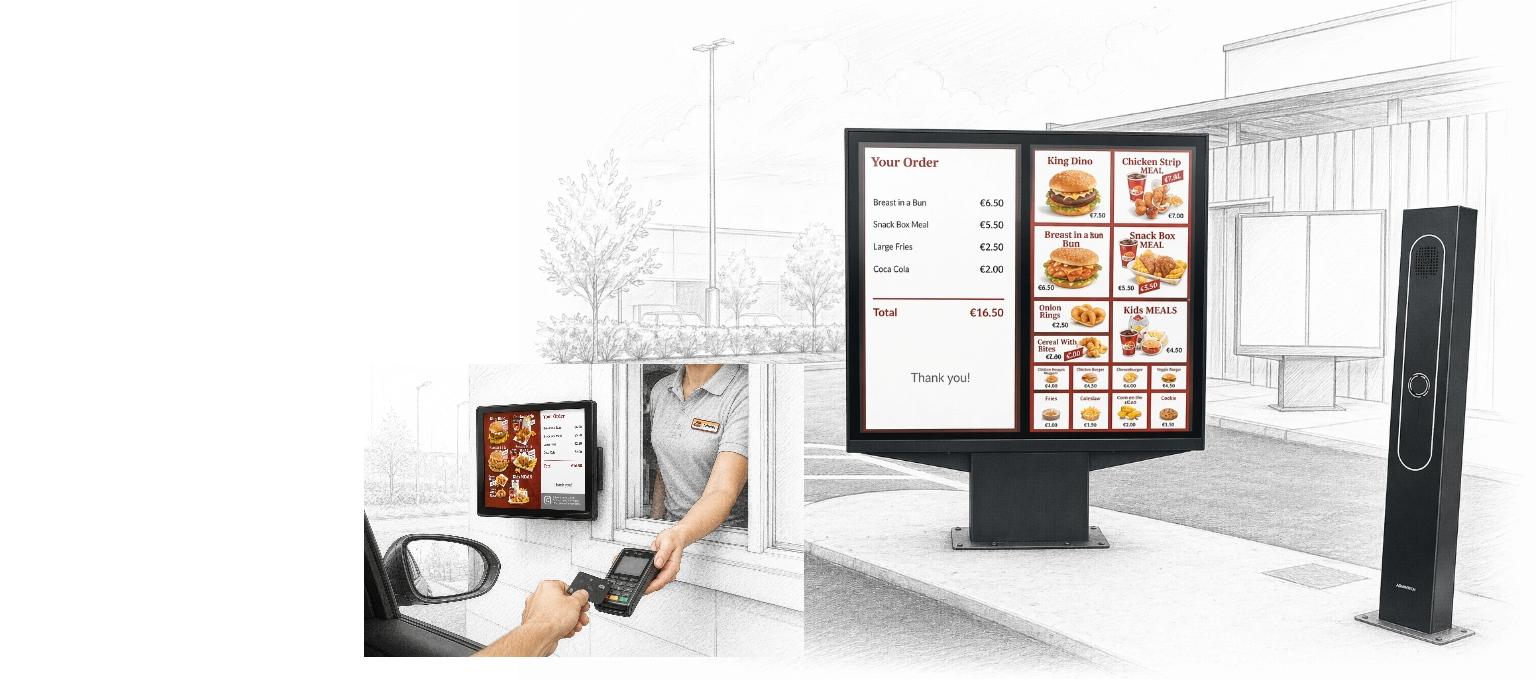Ordering and payment screens in a drive through restaurant.