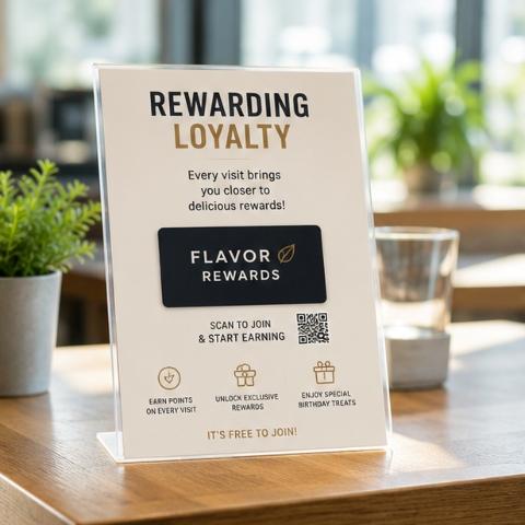 Loyalty advertisement on a restaurant counter.
