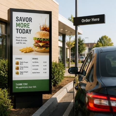 Digital menu display at a drive through restaurant