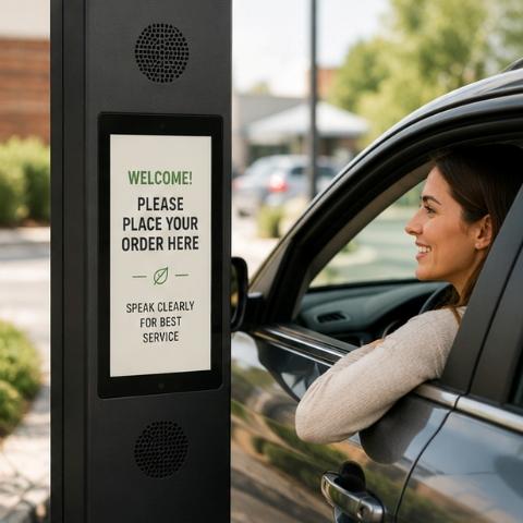 Customer placing an order at a drive through restaurant