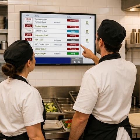 Two chefs discussing orders at a kitchen order display.