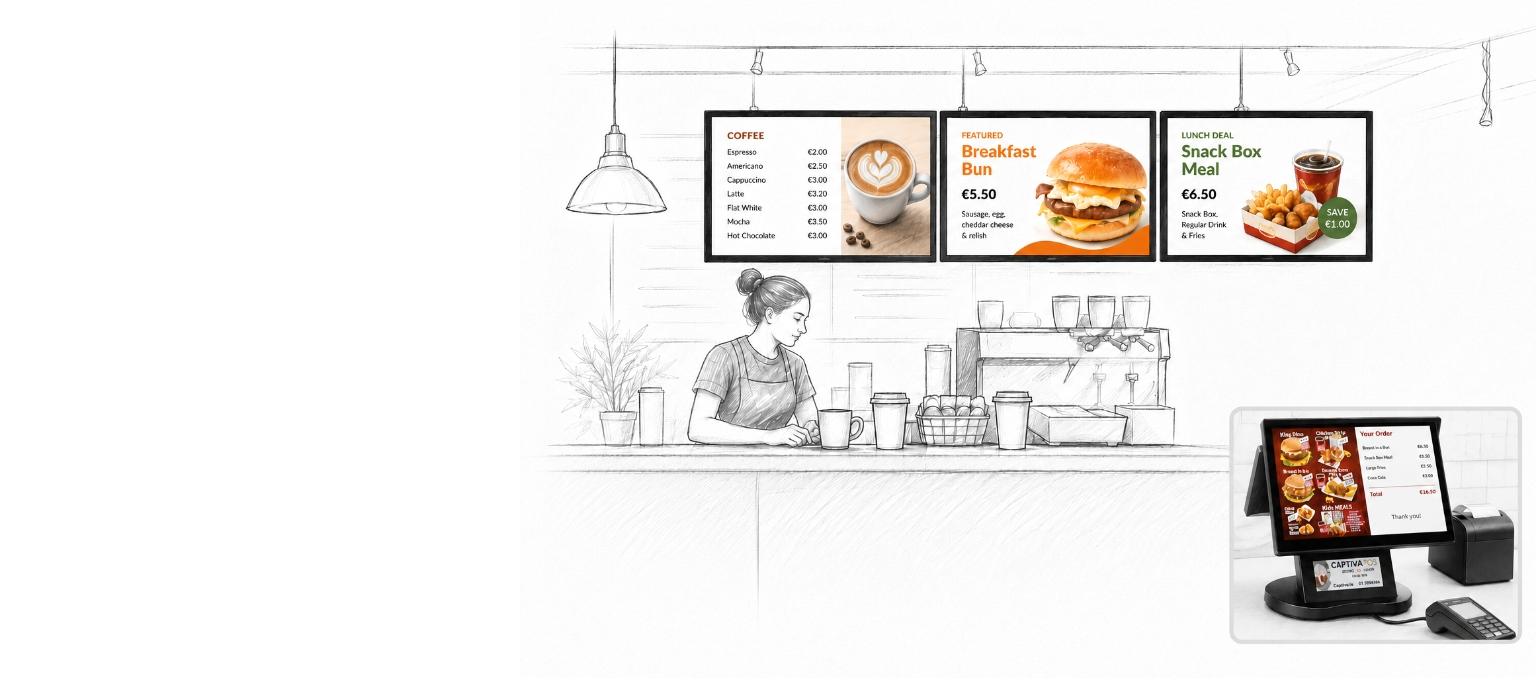 Digital menu boards overhead in a coffee shop.