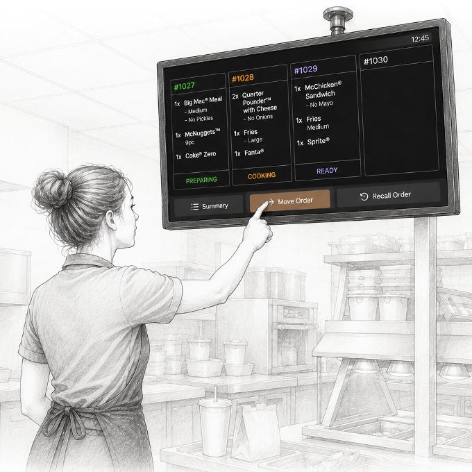 Restaurant worker interacts with an order display in a kitchen.